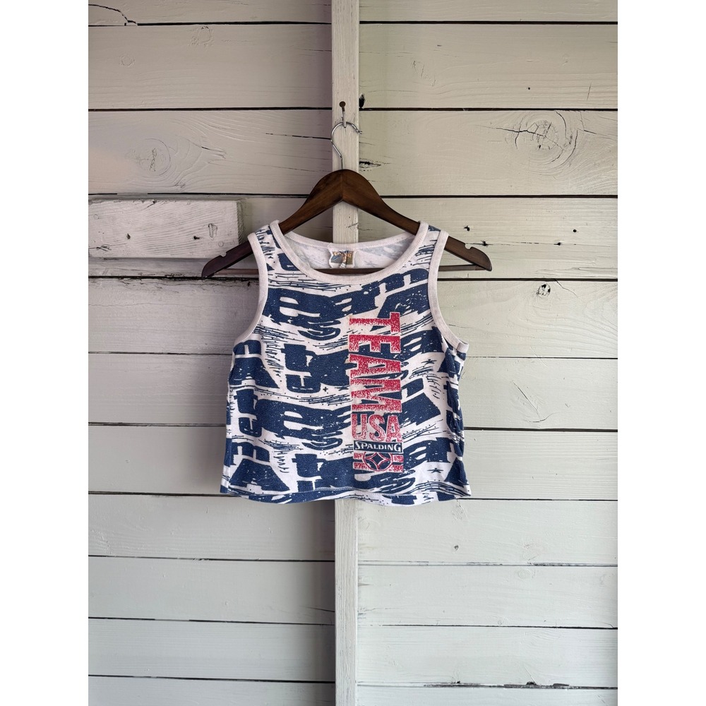 Vintage Spalding Team USA Tank Top Kids M 10-12 Red White Blue All Over Print